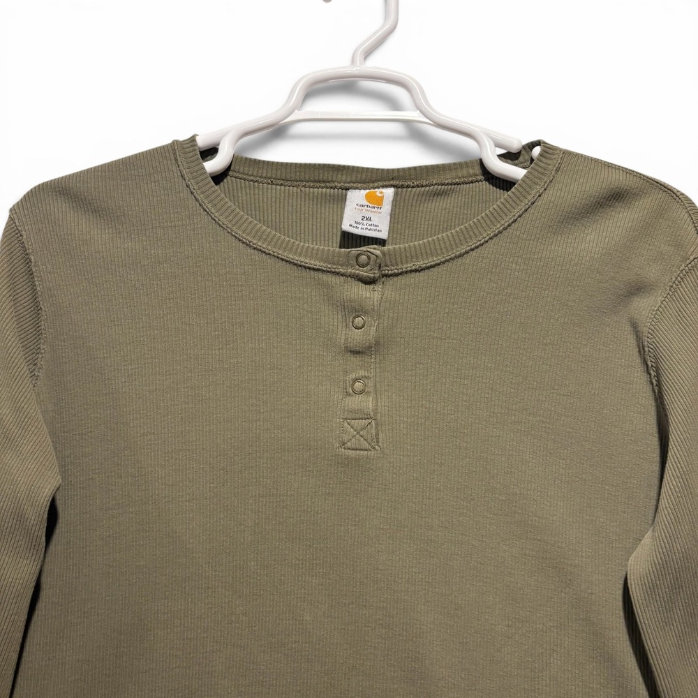Carhartt Women 2XL Olive Green Ribbed Long Sleeve Henley Shirt SAG Cotton
